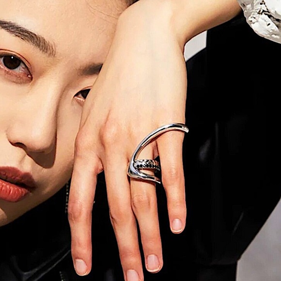 Sterling Silver Two-finger Ring Hollow Geometric For Women Vintage Creative - Picture 4 of 6